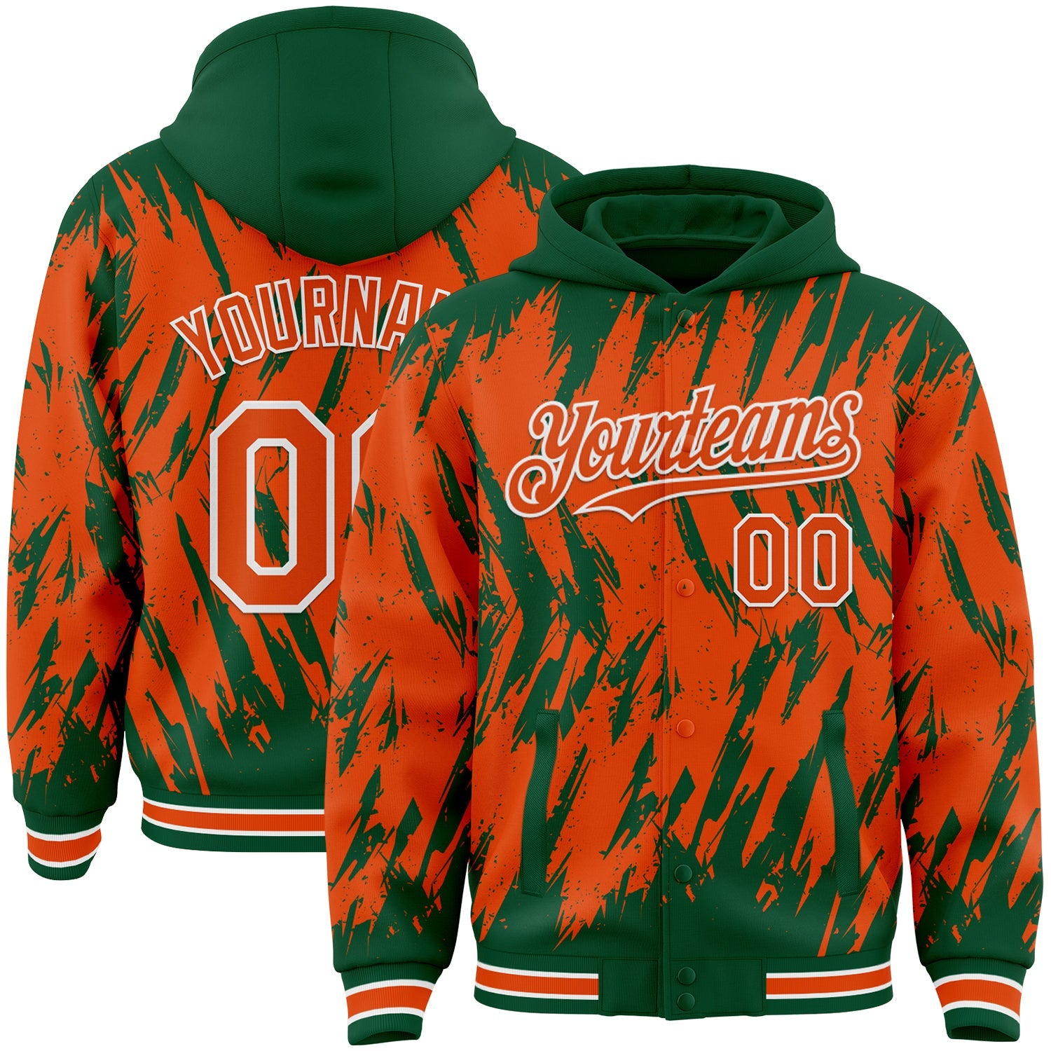 Custom Kelly Green Orange-White Abstract Sharp Shape Fragment Pattern Bomber Full-Snap Varsity Letterman Hoodie Jacket - Main View