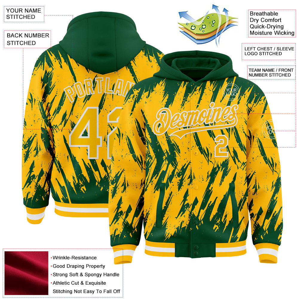 Custom Kelly Green Gold-White Abstract Sharp Shape Fragment Pattern Bomber Full-Snap Varsity Letterman Hoodie Jacket view 4