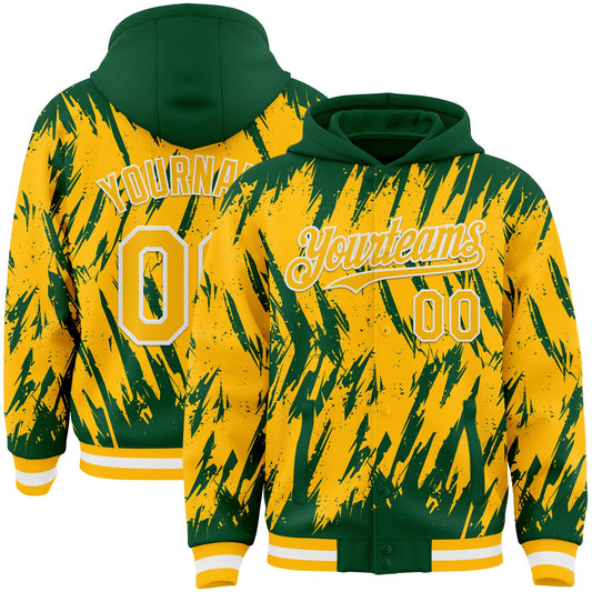 Custom Kelly Green Gold-White Abstract Sharp Shape Fragment Pattern Bomber Full-Snap Varsity Letterman Hoodie Jacket - Main View