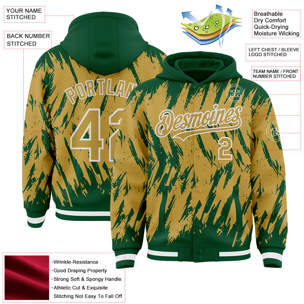 Custom Kelly Green Old Gold-White Abstract Sharp Shape Fragment Pattern Bomber Full-Snap Varsity Letterman Hoodie Jacket view 4