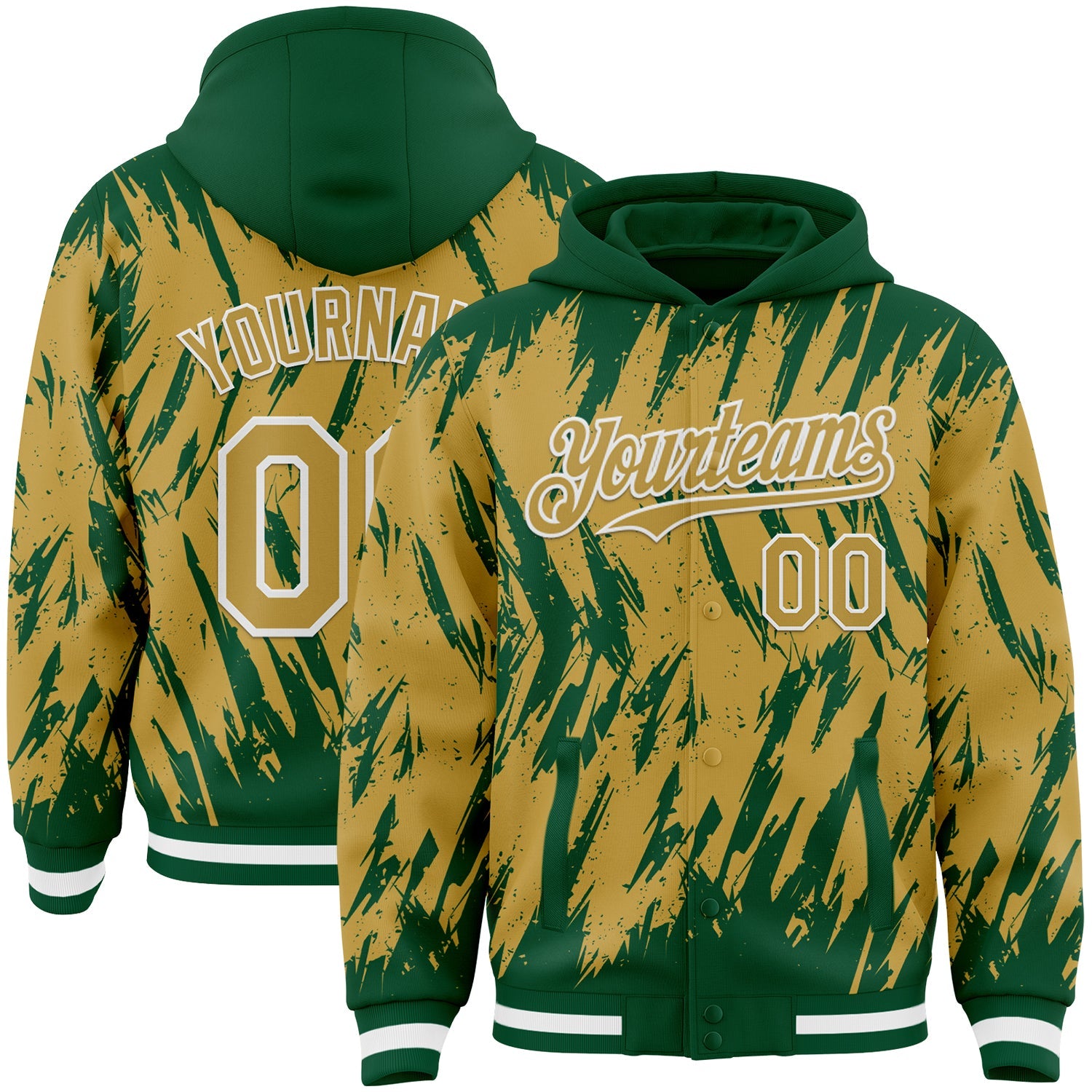 Custom Kelly Green Old Gold-White Abstract Sharp Shape Fragment Pattern Bomber Full-Snap Varsity Letterman Hoodie Jacket - Main View