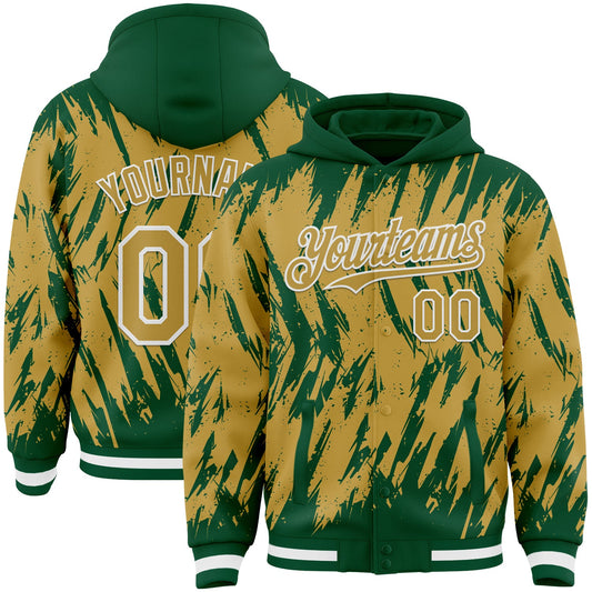 Custom Kelly Green Old Gold-White Abstract Sharp Shape Fragment Pattern Bomber Full-Snap Varsity Letterman Hoodie Jacket - Main View