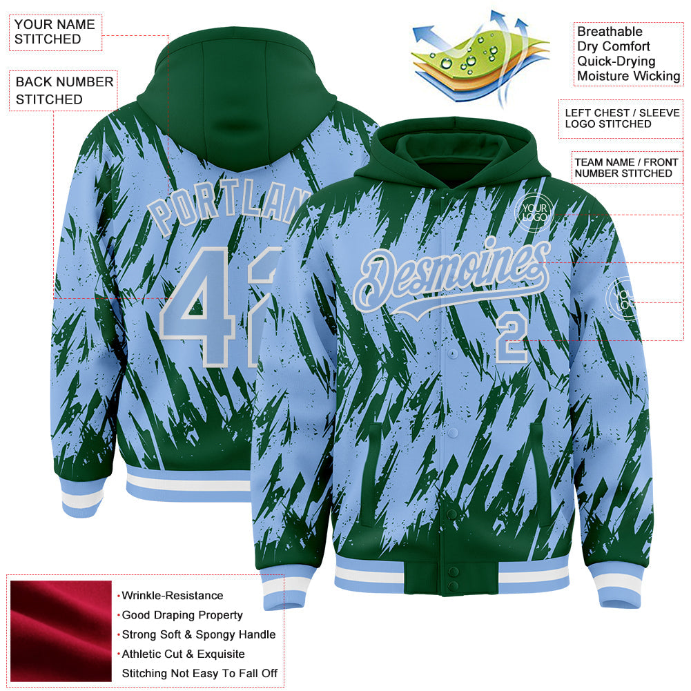 Custom Kelly Green Light Blue-White Abstract Sharp Shape Fragment Pattern Bomber Full-Snap Varsity Letterman Hoodie Jacket view 4