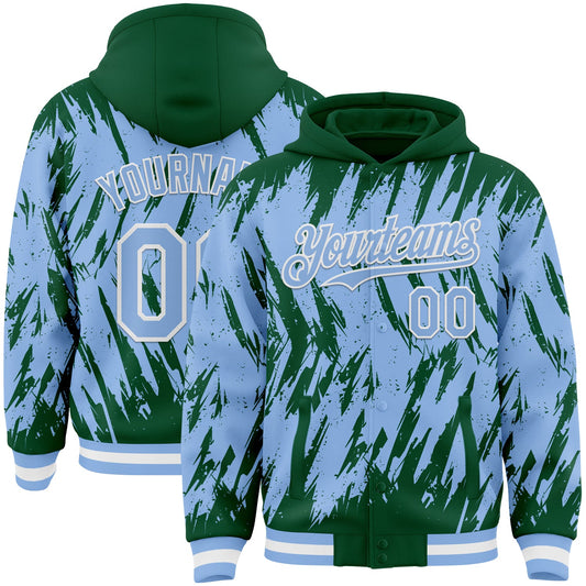 Custom Kelly Green Light Blue-White Abstract Sharp Shape Fragment Pattern Bomber Full-Snap Varsity Letterman Hoodie Jacket - Main View