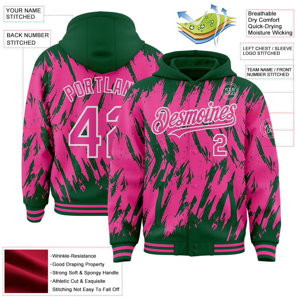Custom Kelly Green Pink-White Abstract Sharp Shape Fragment Pattern Bomber Full-Snap Varsity Letterman Hoodie Jacket view 4