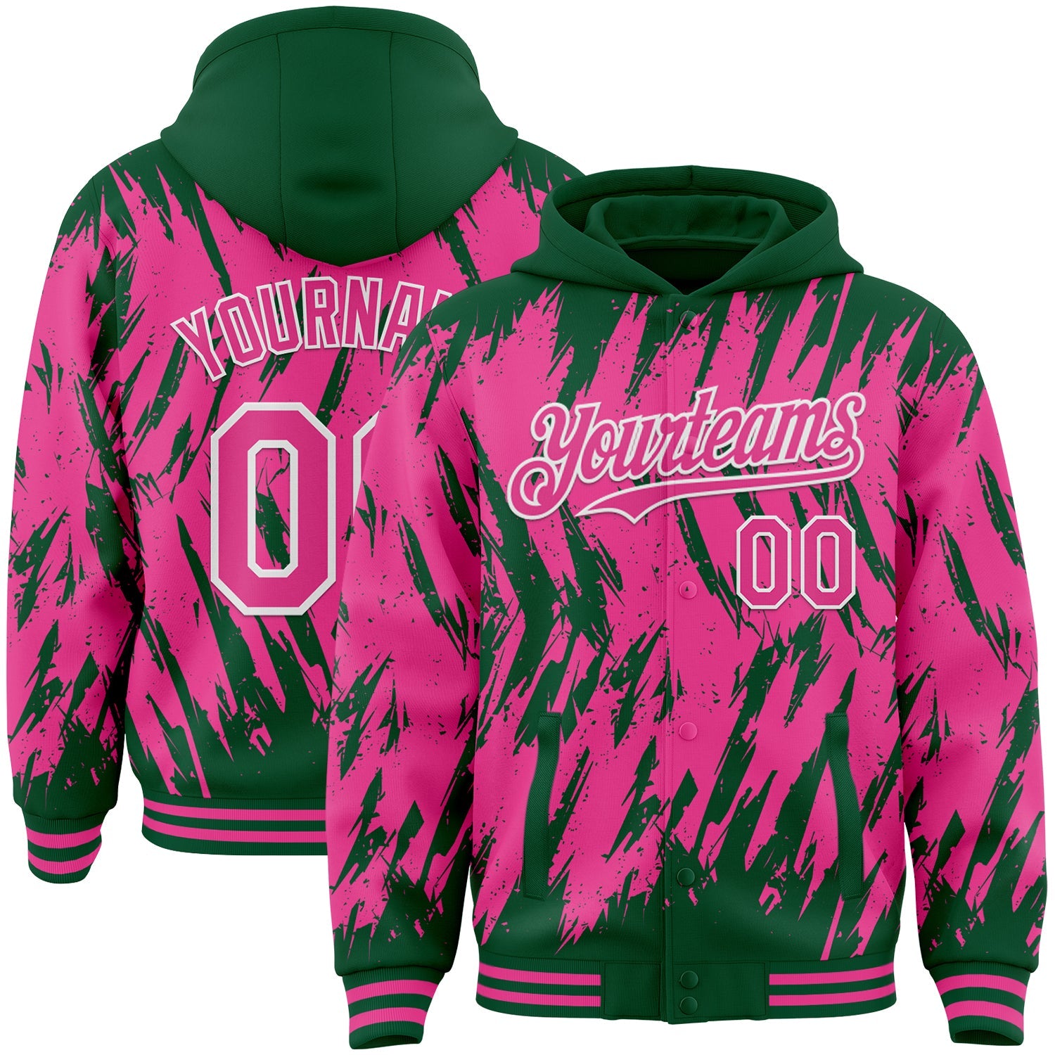Custom Kelly Green Pink-White Abstract Sharp Shape Fragment Pattern Bomber Full-Snap Varsity Letterman Hoodie Jacket - Main View