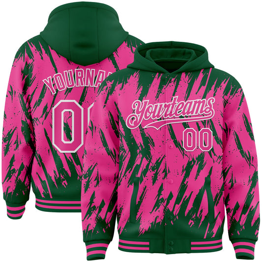 Custom Kelly Green Pink-White Abstract Sharp Shape Fragment Pattern Bomber Full-Snap Varsity Letterman Hoodie Jacket - Main View