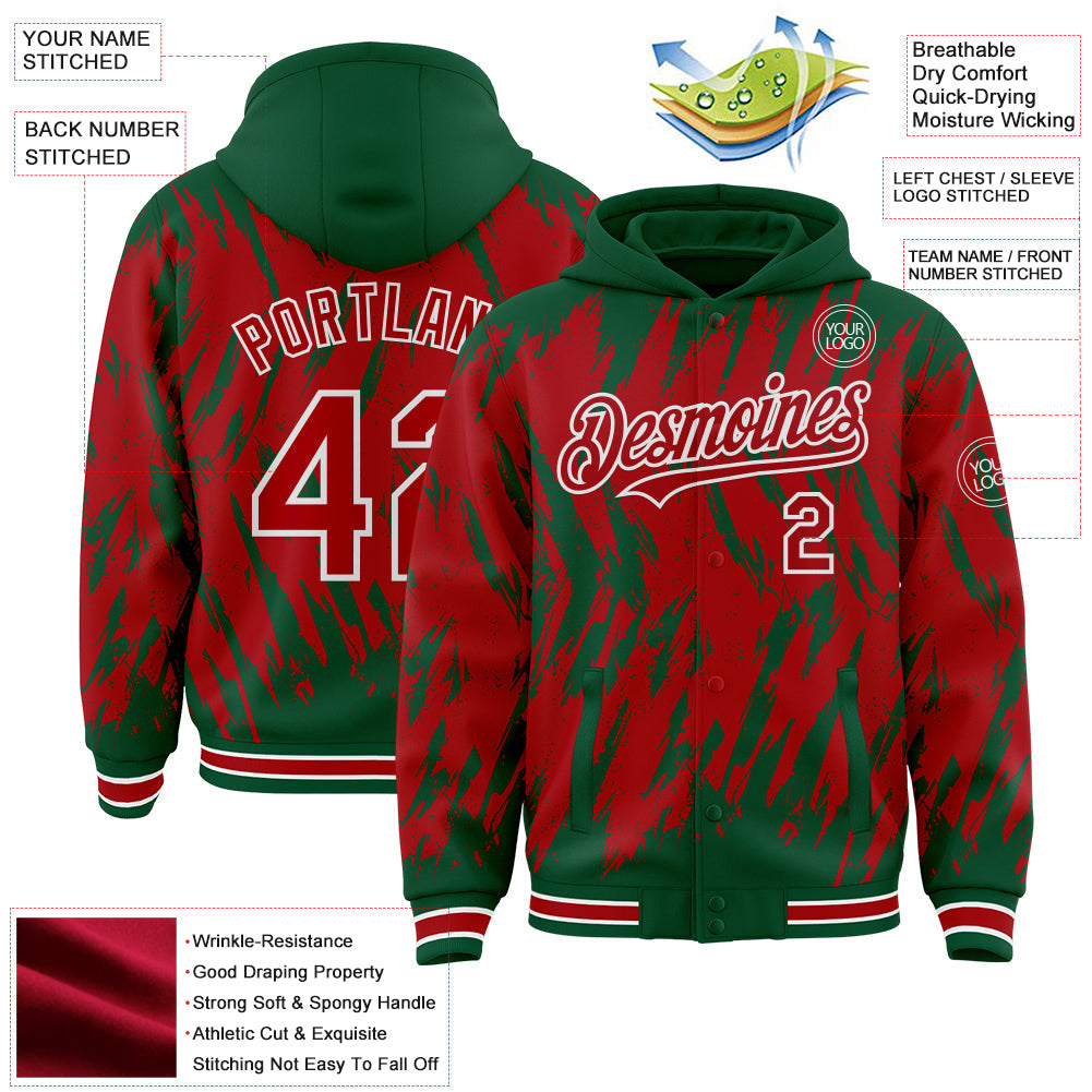 Custom Kelly Green Red-White Abstract Sharp Shape Fragment Pattern Bomber Full-Snap Varsity Letterman Hoodie Jacket view 4