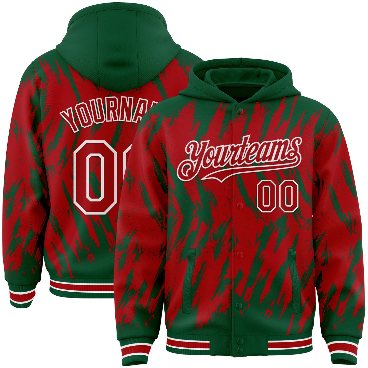Custom Kelly Green Red-White Abstract Sharp Shape Fragment Pattern Bomber Full-Snap Varsity Letterman Hoodie Jacket - Main View