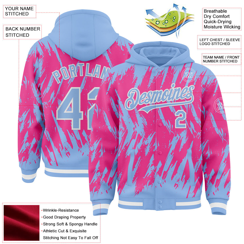 Custom Light Blue Pink-White Abstract Sharp Shape Fragment Pattern Bomber Full-Snap Varsity Letterman Hoodie Jacket view 4