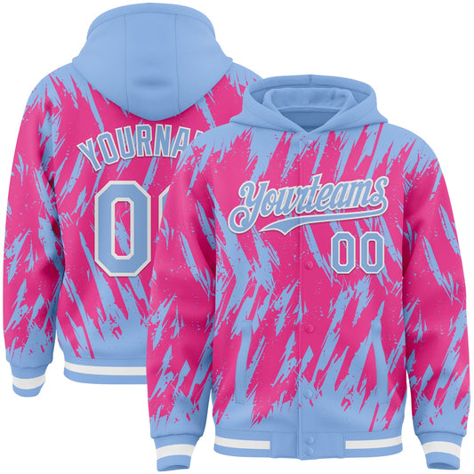 Custom Light Blue Pink-White Abstract Sharp Shape Fragment Pattern Bomber Full-Snap Varsity Letterman Hoodie Jacket - Main View
