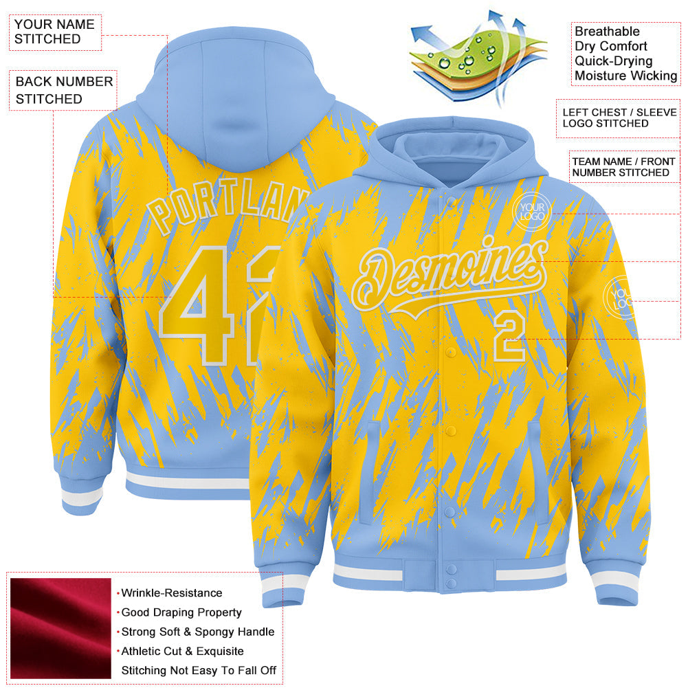 Custom Light Blue Yellow-White Abstract Sharp Shape Fragment Pattern Bomber Full-Snap Varsity Letterman Hoodie Jacket view 4