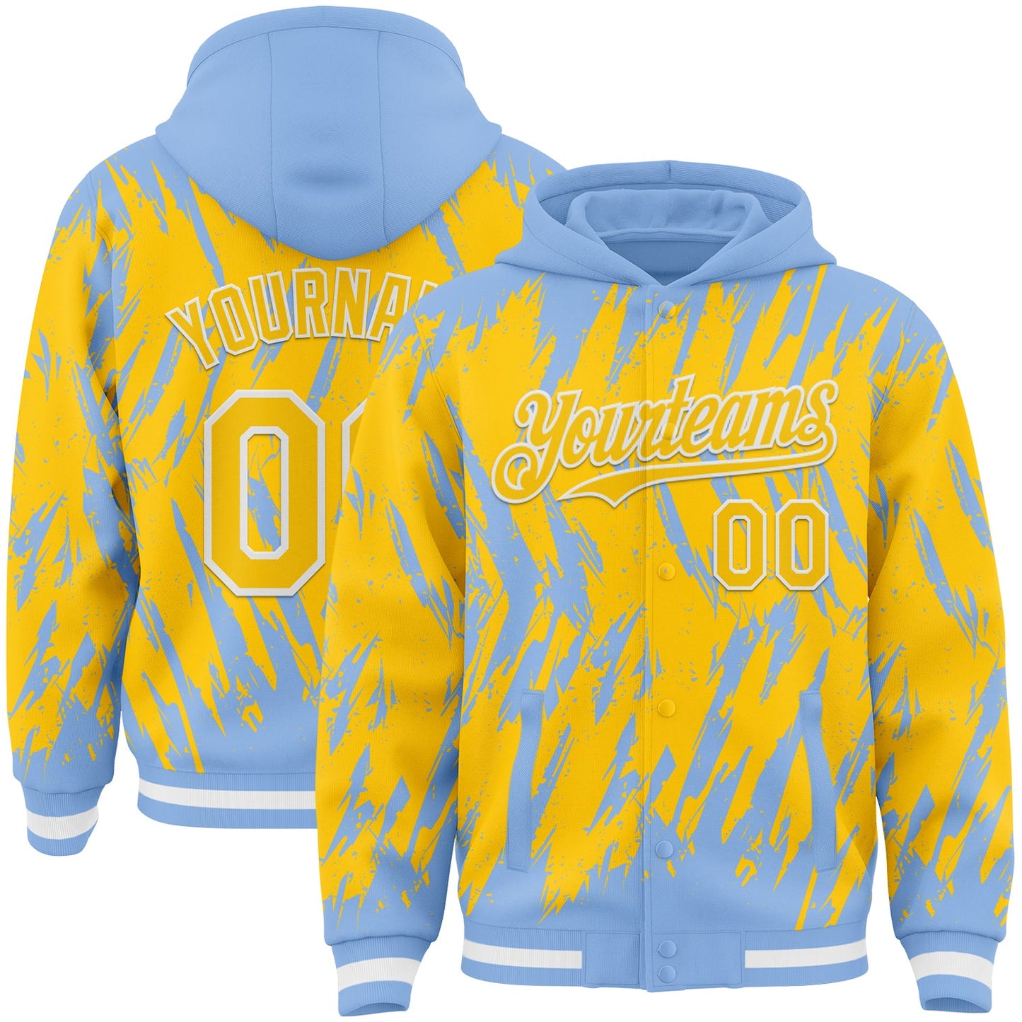 Custom Light Blue Yellow-White Abstract Sharp Shape Fragment Pattern Bomber Full-Snap Varsity Letterman Hoodie Jacket - Main View