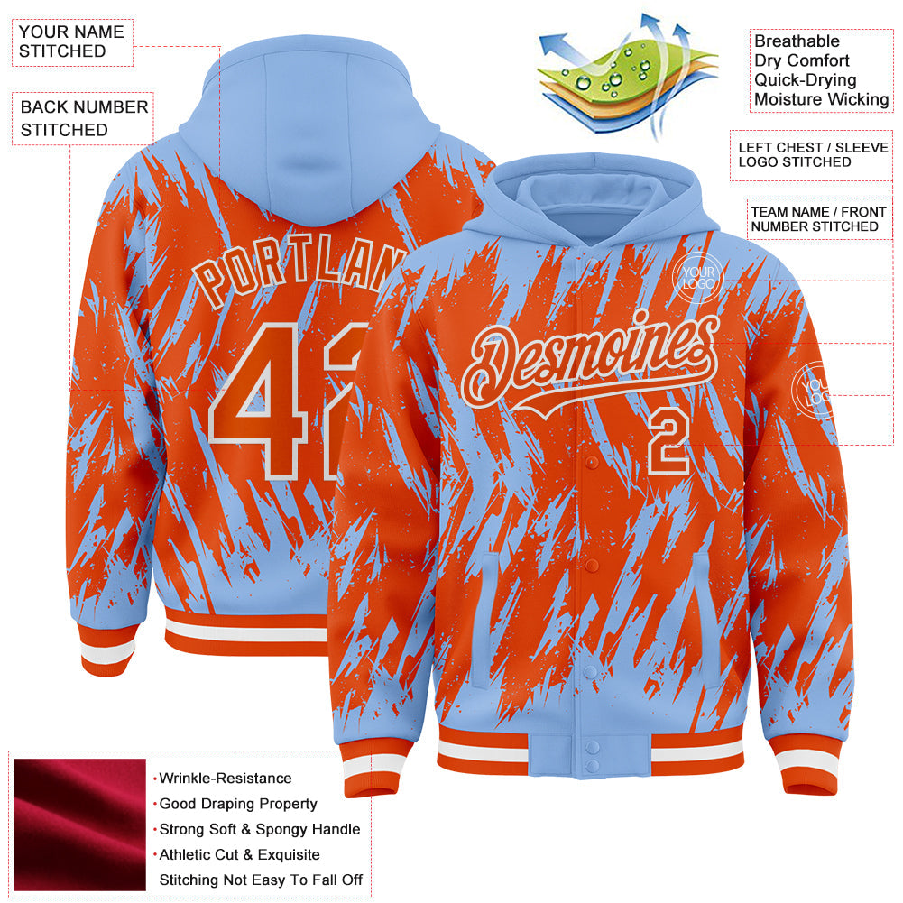 Custom Light Blue Orange-White Abstract Sharp Shape Fragment Pattern Bomber Full-Snap Varsity Letterman Hoodie Jacket view 4