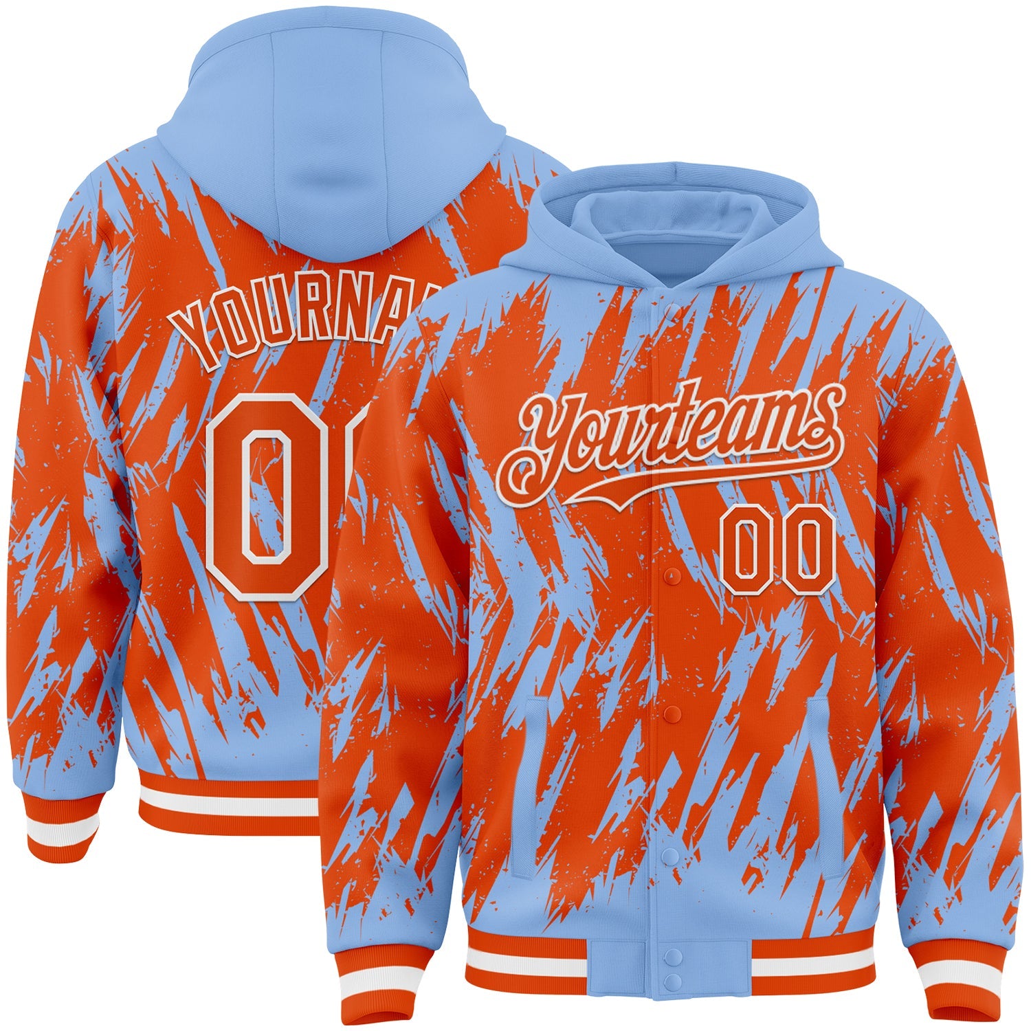 Custom Light Blue Orange-White Abstract Sharp Shape Fragment Pattern Bomber Full-Snap Varsity Letterman Hoodie Jacket - Main View