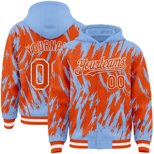 Custom Light Blue Orange-White Abstract Sharp Shape Fragment Pattern Bomber Full-Snap Varsity Letterman Hoodie Jacket - Main View