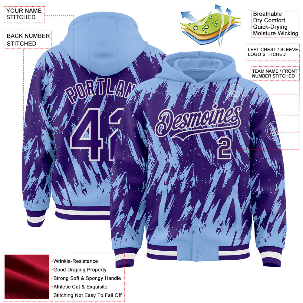Custom Light Blue Purple-White Abstract Sharp Shape Fragment Pattern Bomber Full-Snap Varsity Letterman Hoodie Jacket view 4