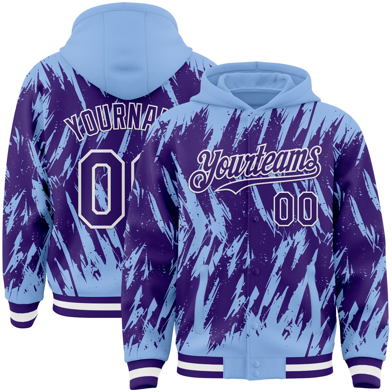 Custom Light Blue Purple-White Abstract Sharp Shape Fragment Pattern Bomber Full-Snap Varsity Letterman Hoodie Jacket - Main View