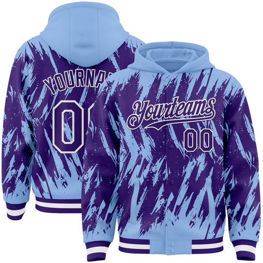 Custom Light Blue Purple-White Abstract Sharp Shape Fragment Pattern Bomber Full-Snap Varsity Letterman Hoodie Jacket - Main View