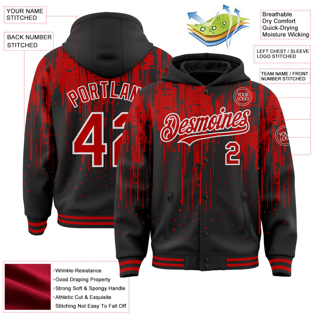Custom Black Red-White Dripping Splatter Bomber Full-Snap Varsity Letterman Hoodie Jacket view 4