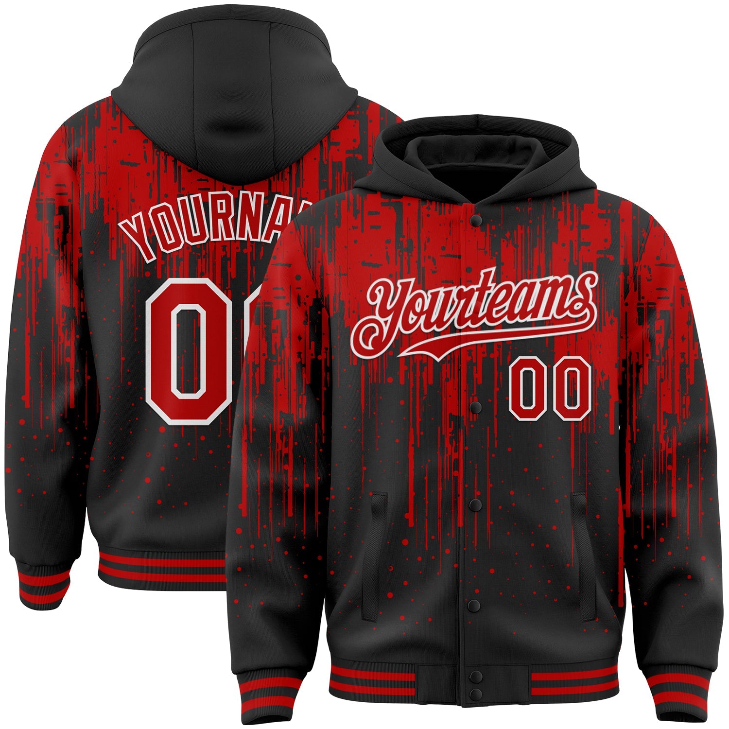 Custom Black Red-White Dripping Splatter Bomber Full-Snap Varsity Letterman Hoodie Jacket - Main View