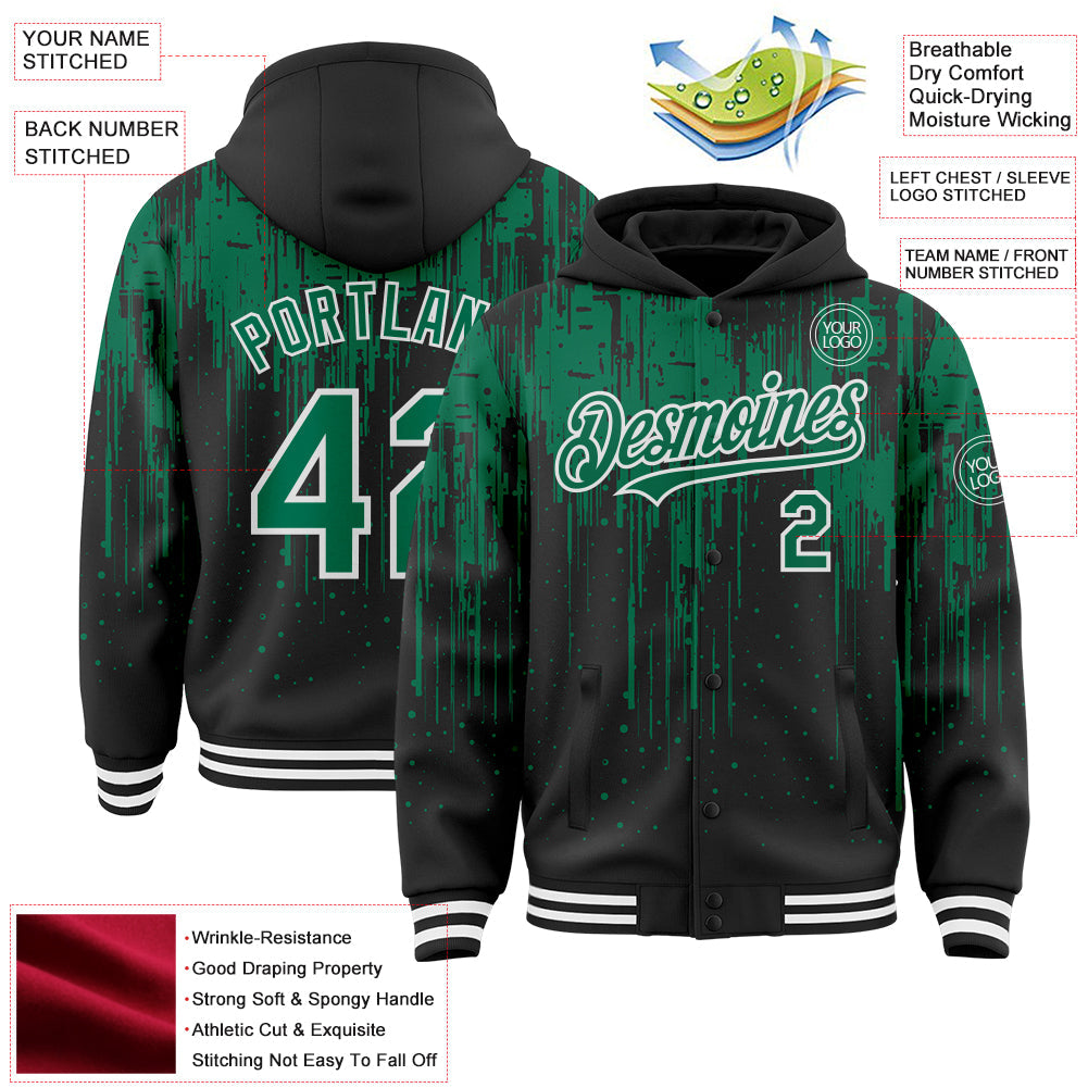 Custom Black Kelly Green-White Dripping Splatter Bomber Full-Snap Varsity Letterman Hoodie Jacket view 4
