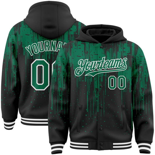 Custom Black Kelly Green-White Dripping Splatter Bomber Full-Snap Varsity Letterman Hoodie Jacket - Main View