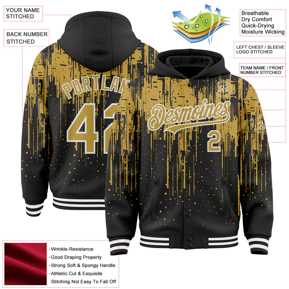 Custom Black Old Gold-White Dripping Splatter Bomber Full-Snap Varsity Letterman Hoodie Jacket view 4
