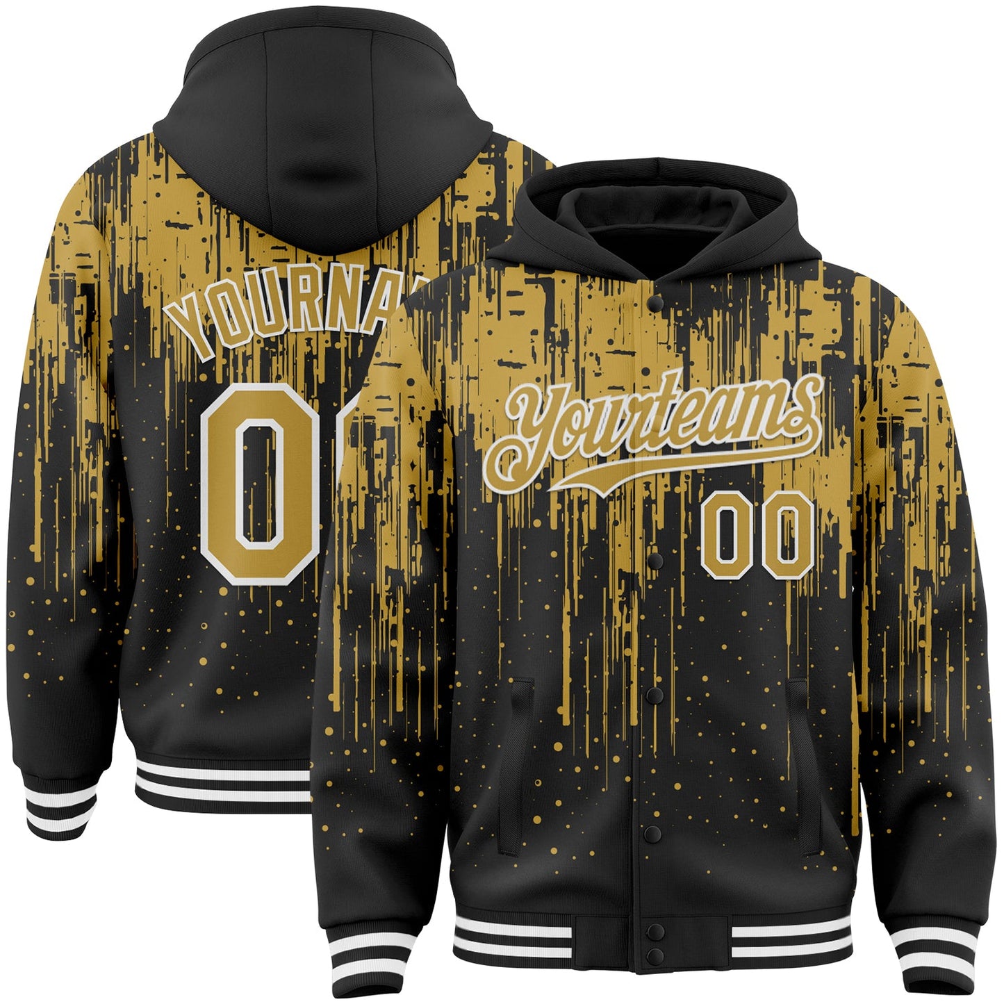 Custom Black Old Gold-White Dripping Splatter Bomber Full-Snap Varsity Letterman Hoodie Jacket - Main View