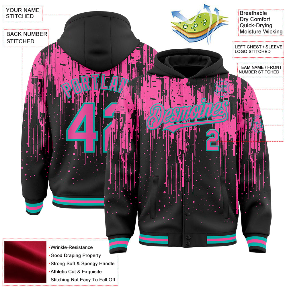 Custom Black Pink-Aqua Dripping Splatter Bomber Full-Snap Varsity Letterman Hoodie Jacket view 4