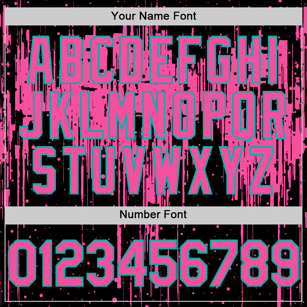 Custom Black Pink-Aqua Dripping Splatter Bomber Full-Snap Varsity Letterman Hoodie Jacket view 6