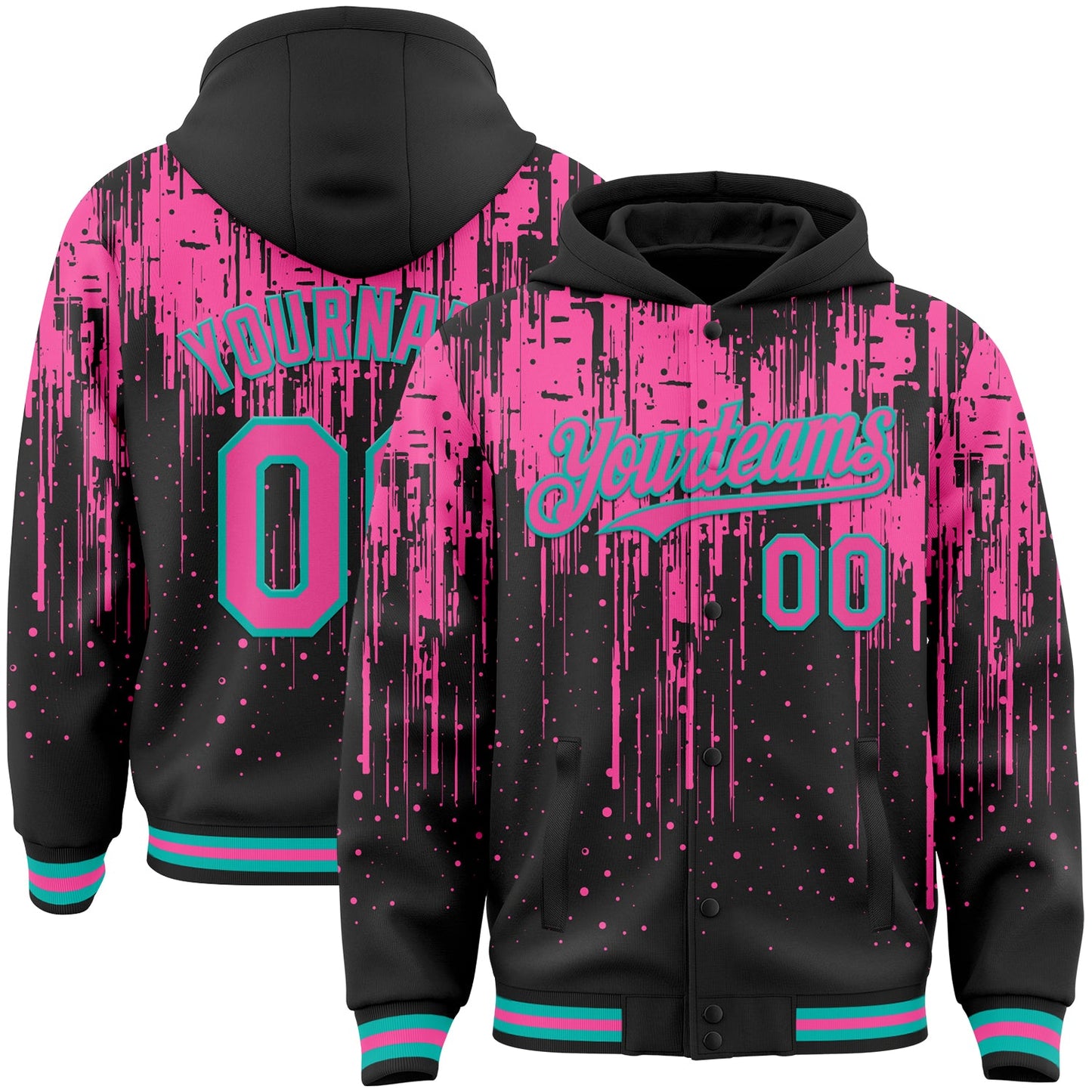 Custom Black Pink-Aqua Dripping Splatter Bomber Full-Snap Varsity Letterman Hoodie Jacket - Main View
