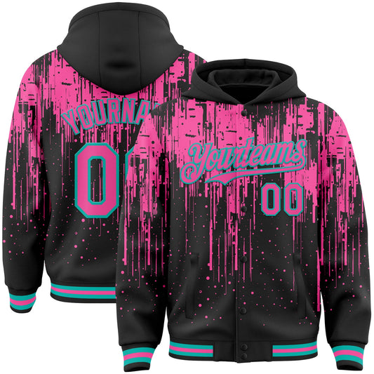 Custom Black Pink-Aqua Dripping Splatter Bomber Full-Snap Varsity Letterman Hoodie Jacket - Main View