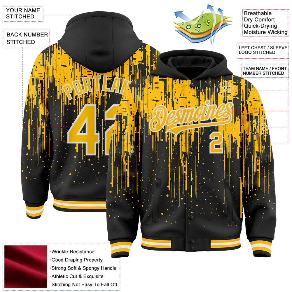 Custom Black Gold-White Dripping Splatter Bomber Full-Snap Varsity Letterman Hoodie Jacket view 4