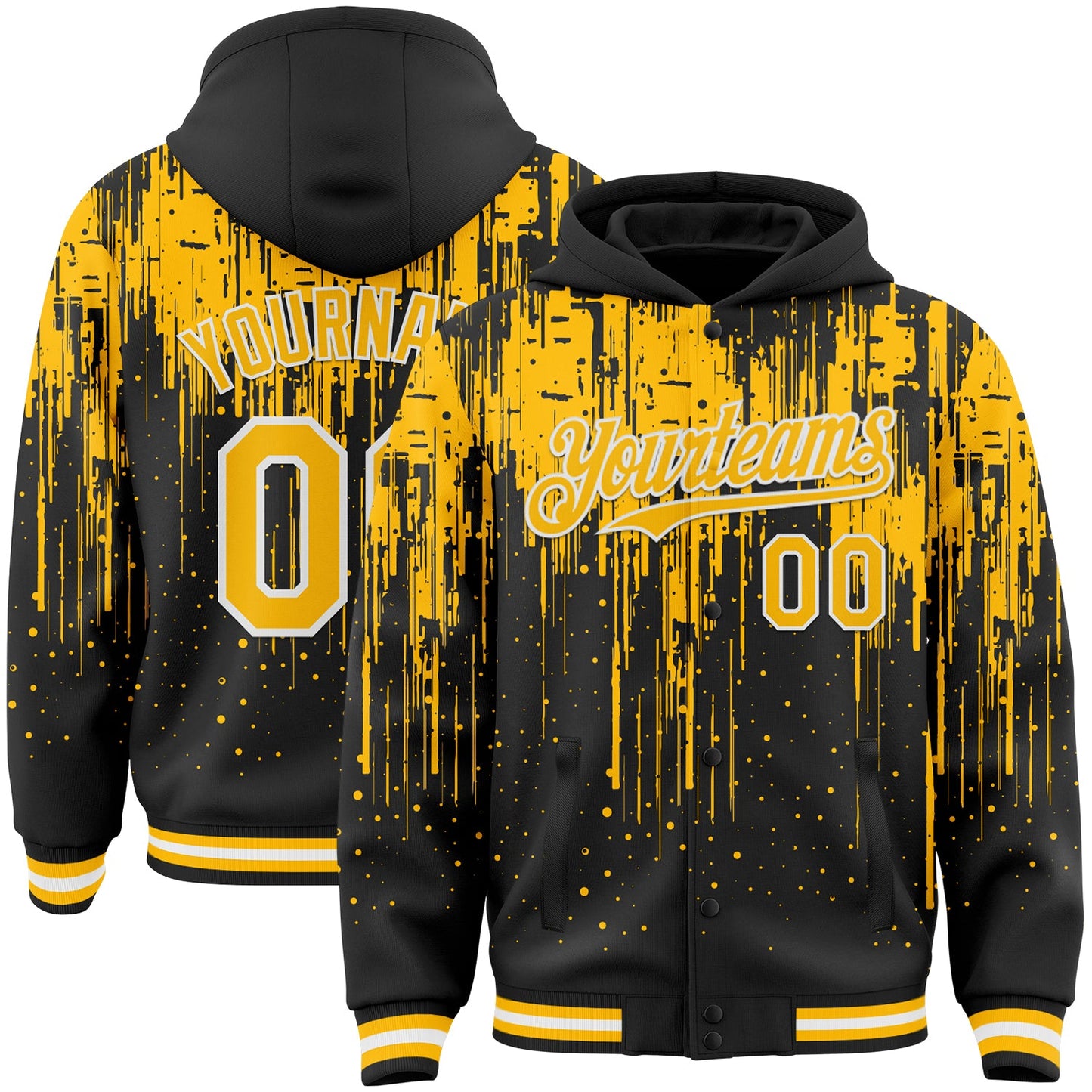 Custom Black Gold-White Dripping Splatter Bomber Full-Snap Varsity Letterman Hoodie Jacket - Main View