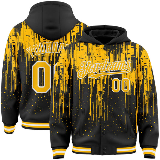 Custom Black Gold-White Dripping Splatter Bomber Full-Snap Varsity Letterman Hoodie Jacket - Main View