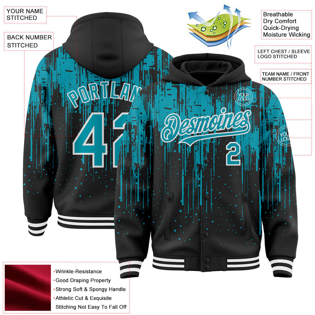 Custom Black Teal-White Dripping Splatter Bomber Full-Snap Varsity Letterman Hoodie Jacket view 4