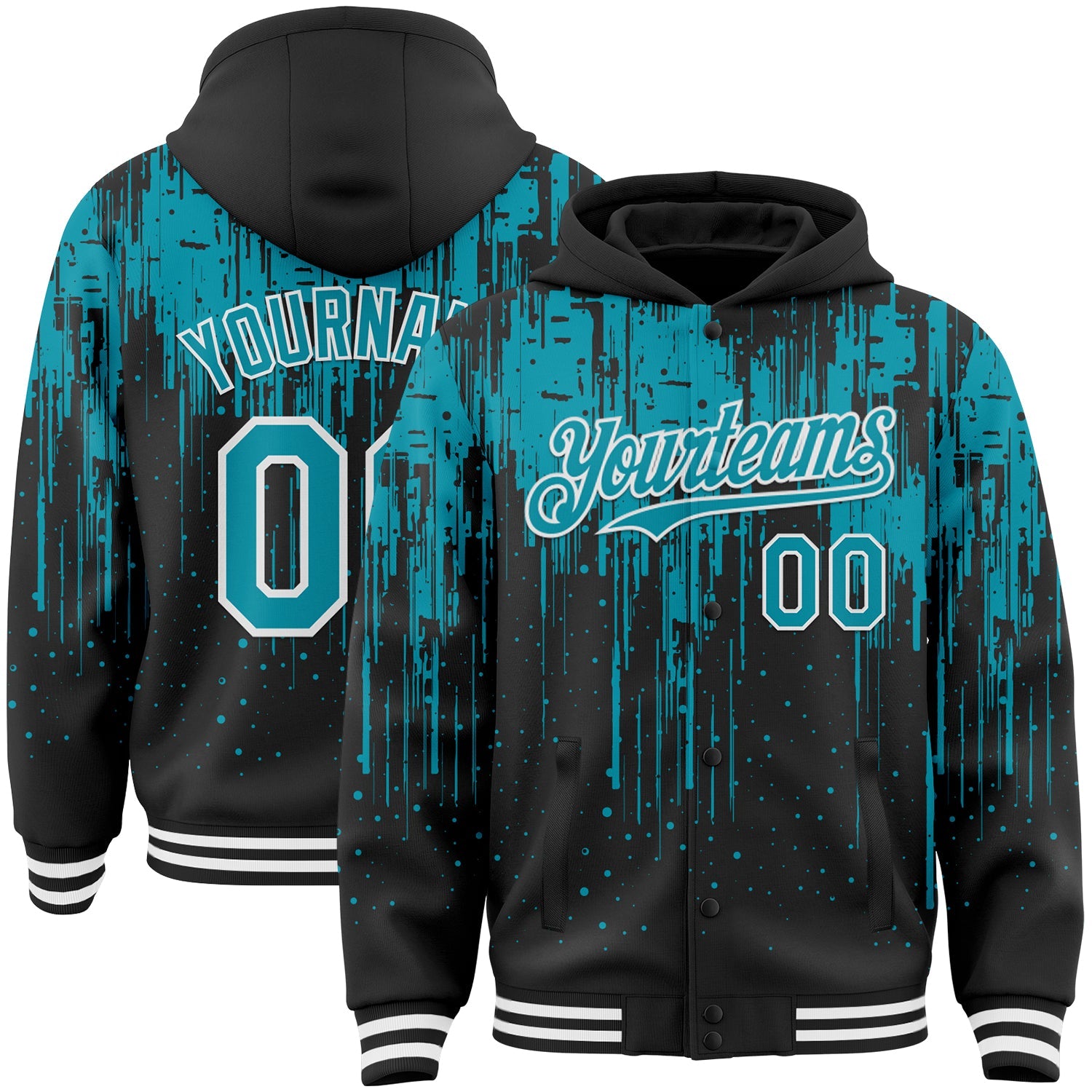 Custom Black Teal-White Dripping Splatter Bomber Full-Snap Varsity Letterman Hoodie Jacket - Main View