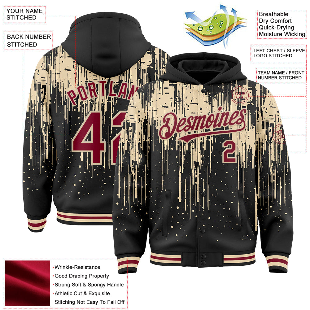 Custom Black Crimson-City Cream Dripping Splatter Bomber Full-Snap Varsity Letterman Hoodie Jacket view 4