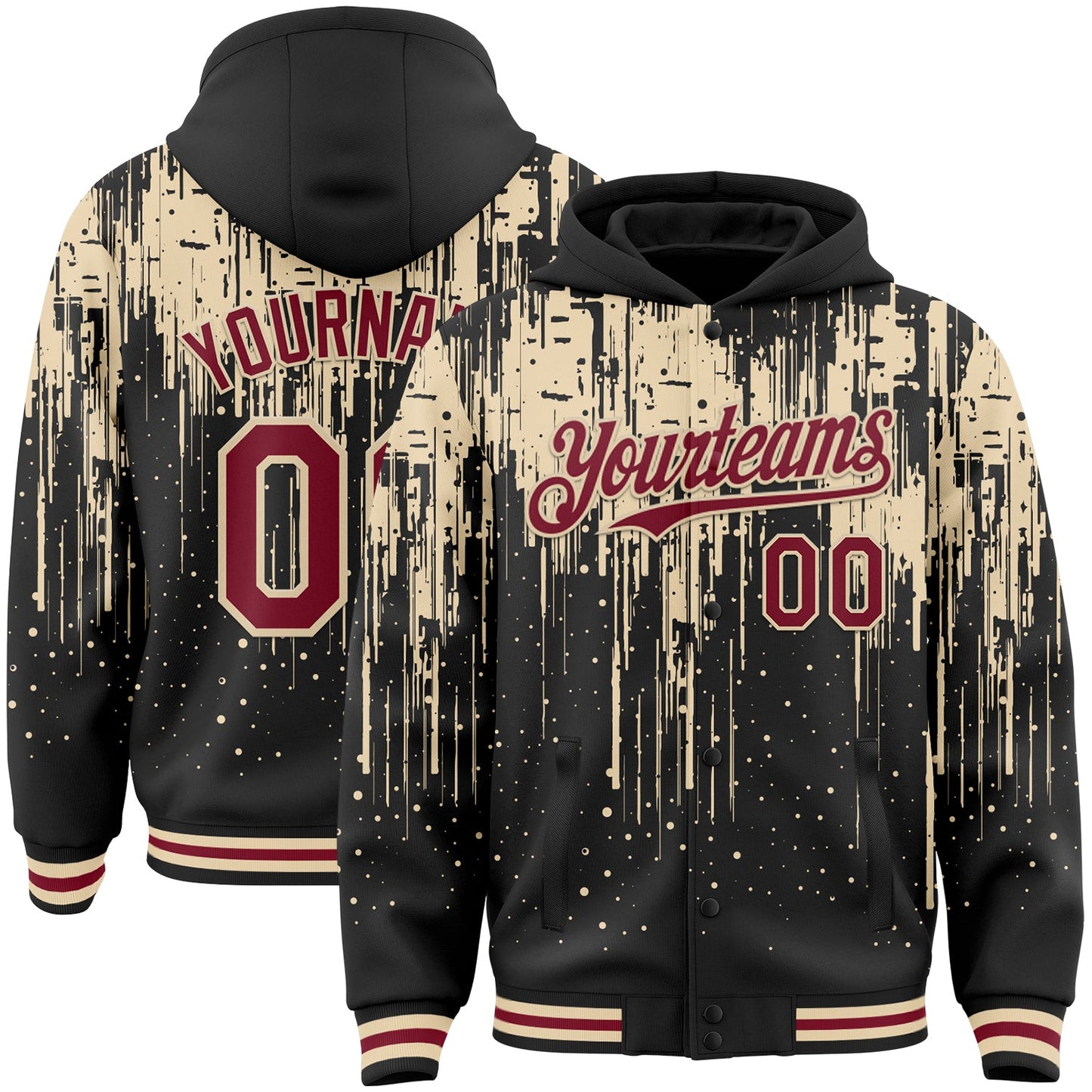 Custom Black Crimson-City Cream Dripping Splatter Bomber Full-Snap Varsity Letterman Hoodie Jacket - Main View