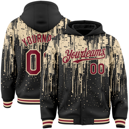 Custom Black Crimson-City Cream Dripping Splatter Bomber Full-Snap Varsity Letterman Hoodie Jacket - Main View