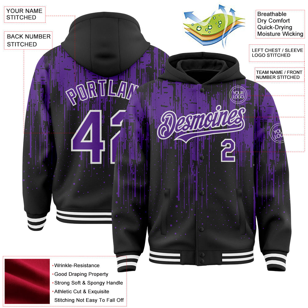 Custom Black Purple-White Dripping Splatter Bomber Full-Snap Varsity Letterman Hoodie Jacket view 4