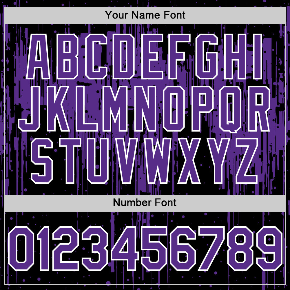 Custom Black Purple-White Dripping Splatter Bomber Full-Snap Varsity Letterman Hoodie Jacket view 6