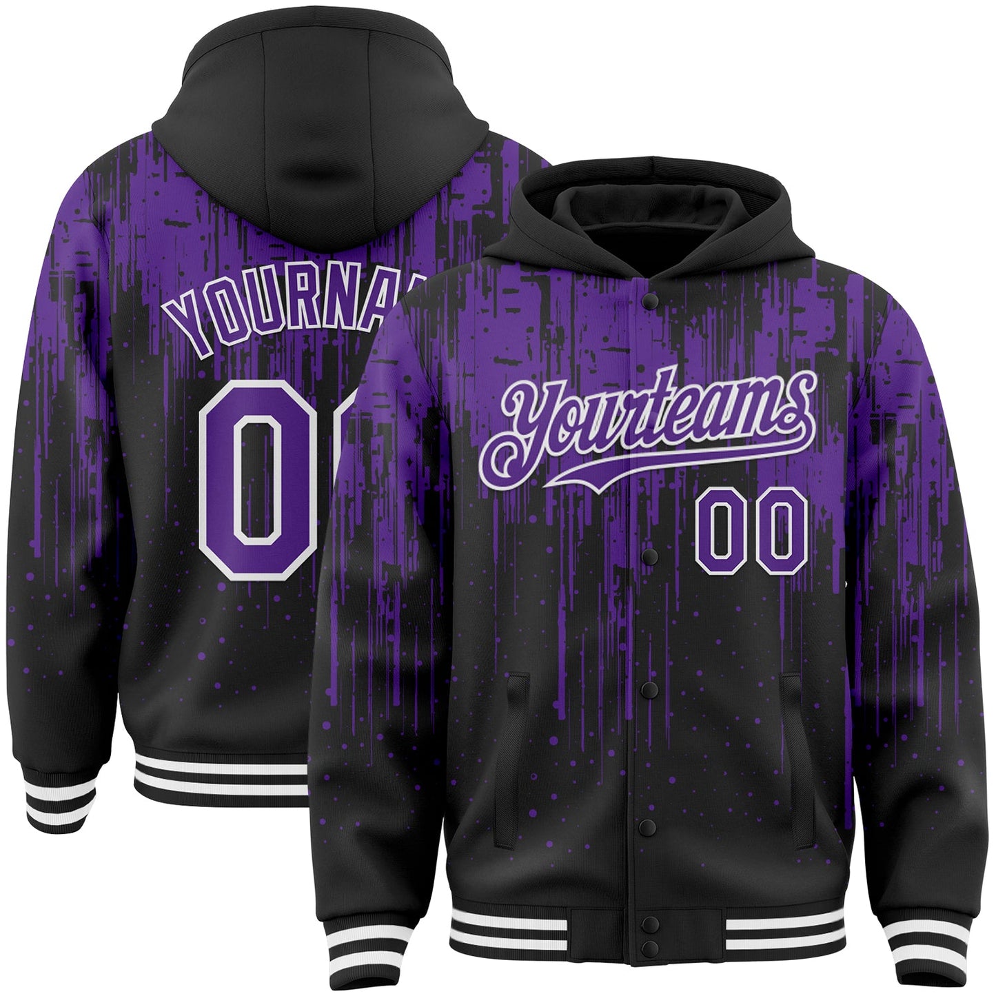 Custom Black Purple-White Dripping Splatter Bomber Full-Snap Varsity Letterman Hoodie Jacket - Main View