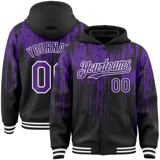 Custom Black Purple-White Dripping Splatter Bomber Full-Snap Varsity Letterman Hoodie Jacket - Main View