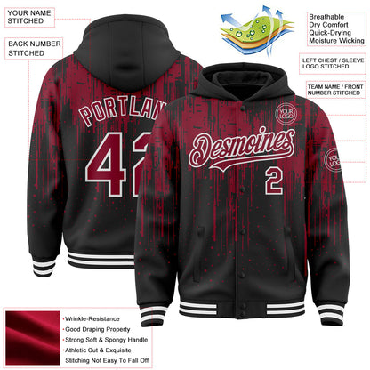 Custom Black Crimson-White Dripping Splatter Bomber Full-Snap Varsity Letterman Hoodie Jacket view 4