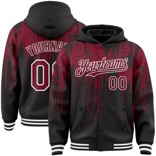 Custom Black Crimson-White Dripping Splatter Bomber Full-Snap Varsity Letterman Hoodie Jacket - Main View