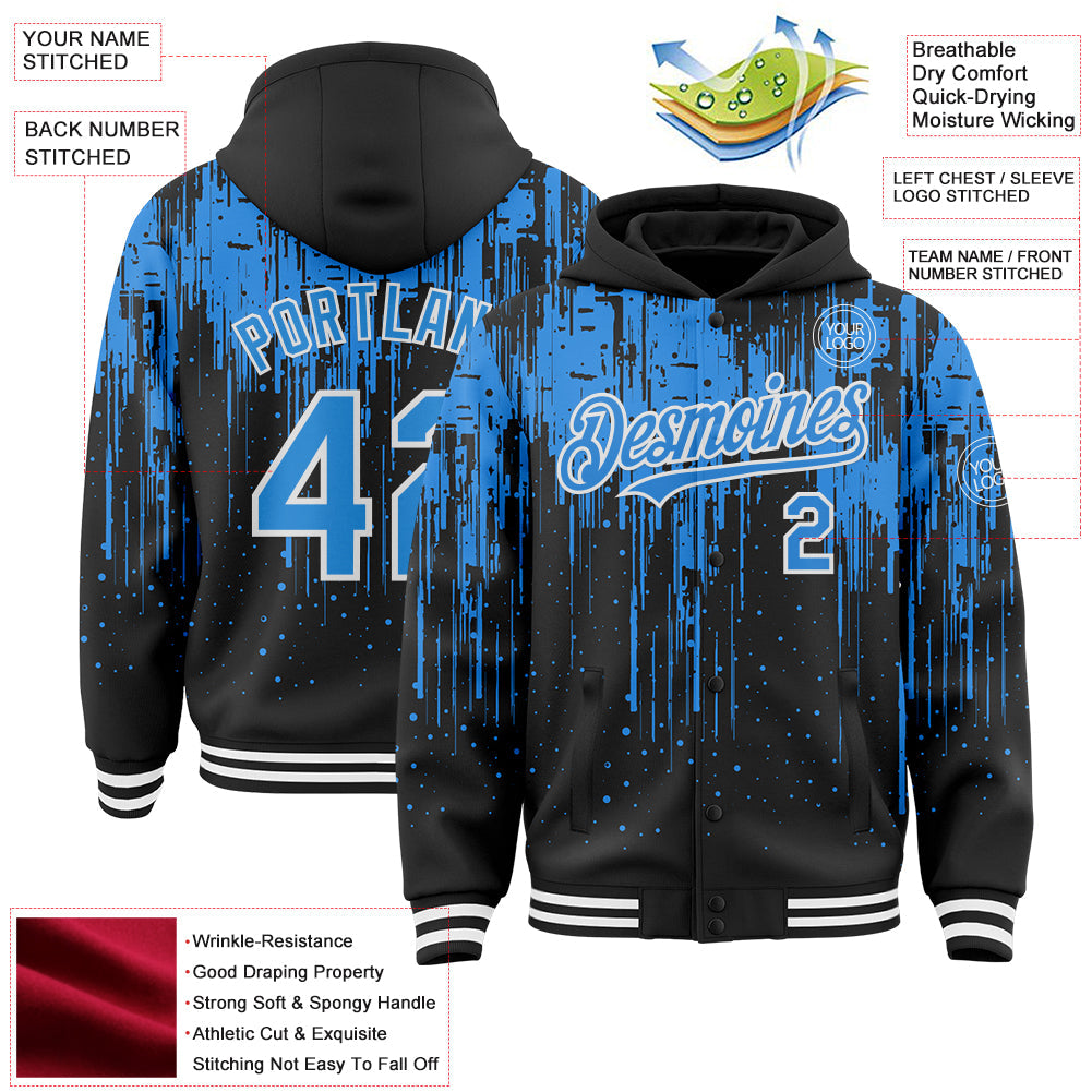 Custom Black Powder Blue-White Dripping Splatter Bomber Full-Snap Varsity Letterman Hoodie Jacket view 4