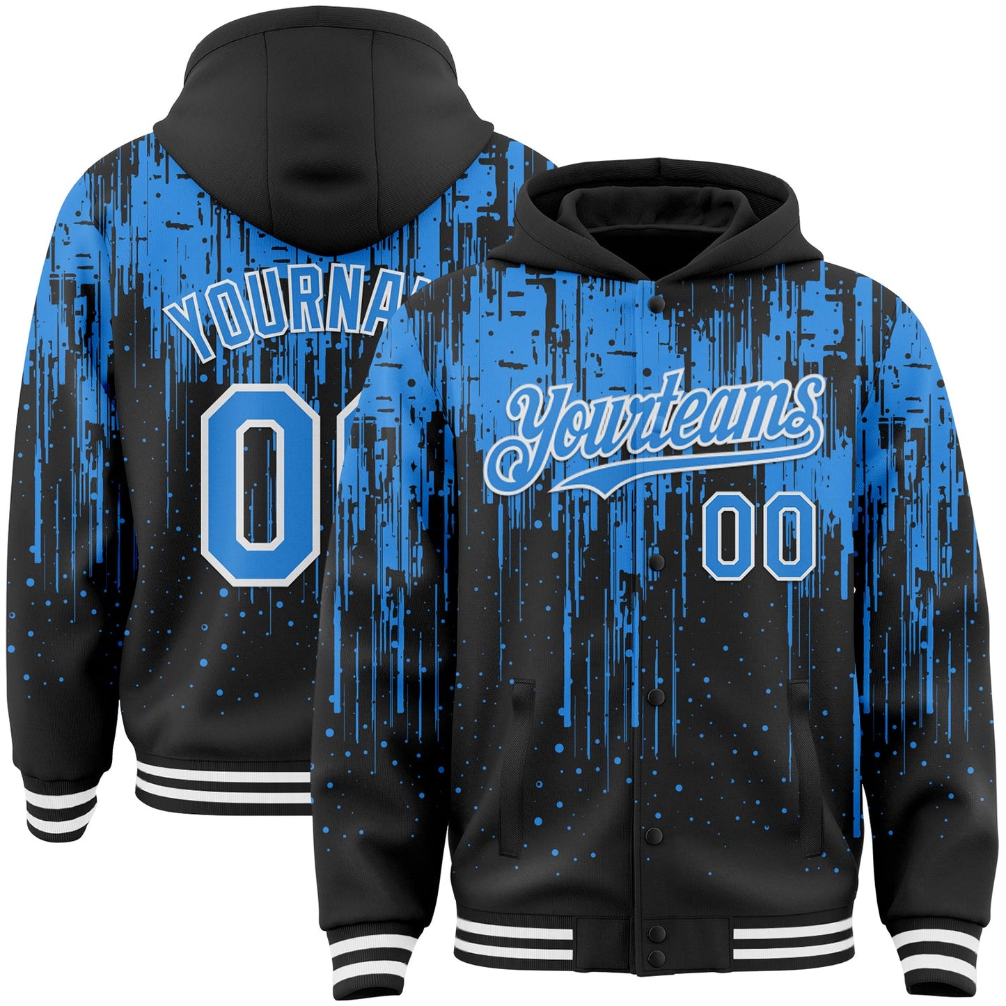 Custom Black Powder Blue-White Dripping Splatter Bomber Full-Snap Varsity Letterman Hoodie Jacket - Main View