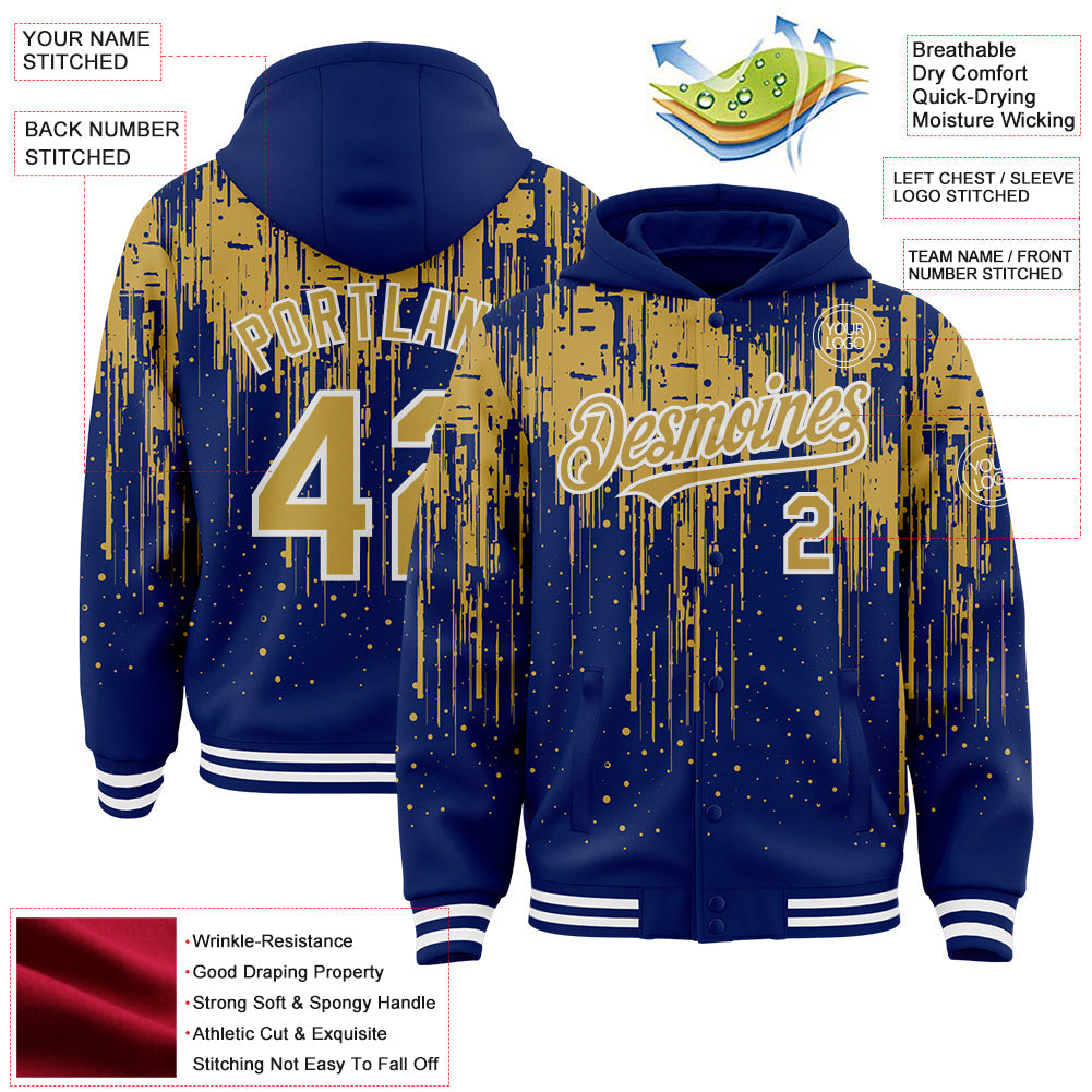 Custom Royal Old Gold-White Dripping Splatter Bomber Full-Snap Varsity Letterman Hoodie Jacket view 4